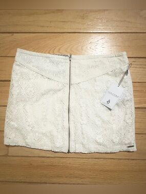 Volcom Cream Lace Front-Zip Mini Skirt